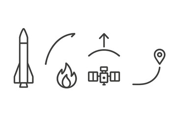 Fototapeta premium High-Altitude Launch Icons. Line vector icons of high-altitude launch systems: tall rocket, trajectory curve, ignition icon,