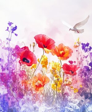 A painting of a field of flowers with a white bird flying above it. The painting is full of bright colors and has a peaceful, serene mood