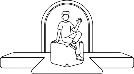 Minimal vector drawing of guy sitting on cube waving hello on stage with arch backdrop