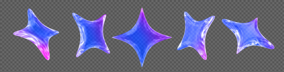 3d neon glass transparent sparkle star set. Holographic design element. Stock vector illustration on isolated background.