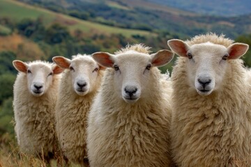 Fototapeta premium Close up of four sheep standing together with green hills in the background