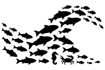 set of silhouettes of fish,
Fish Group Swimming in Curve – Underwater School Icon Vector