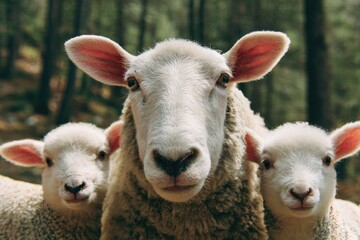 Naklejka premium Close up of three sheep with white wool and pink ears against a blurred background
