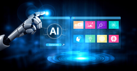 Obraz premium An advanced AI assistant demonstrates its own generative platform. The interface shows how this smart technology can create various forms of digital content and automate tasks. Fermion