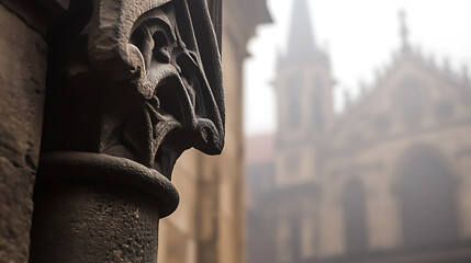Stone column detailing architectural heritage and structural integrity. Gothic architecture style with stone textures set against a building backdrop.