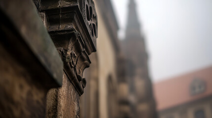 The aged stone structure, etched with intricate details, stands as a testament to the past. A spire rises in the mist, a silent witness to history unfolding.