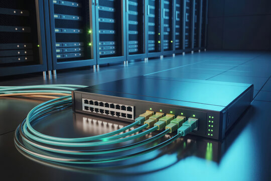 Network Switch with Fiber Optic Cables in Modern High-Tech Data Center Server Room 3D Illustration