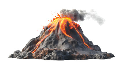Detailed three dimensional illustration of a massive volcanic eruption spewing bright orange incandescent magma and thick grey smoke against a stark black background