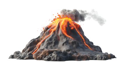 Detailed three dimensional illustration of a massive volcanic eruption spewing bright orange incandescent magma and thick grey smoke against a stark black background