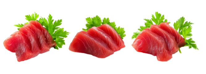 Fresh tuna slices on transparent background with green garnish culinary delight studio shot