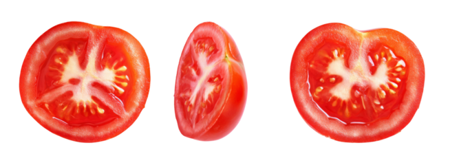 Freshly cut tomato slices on a transparent background food photography studio setting