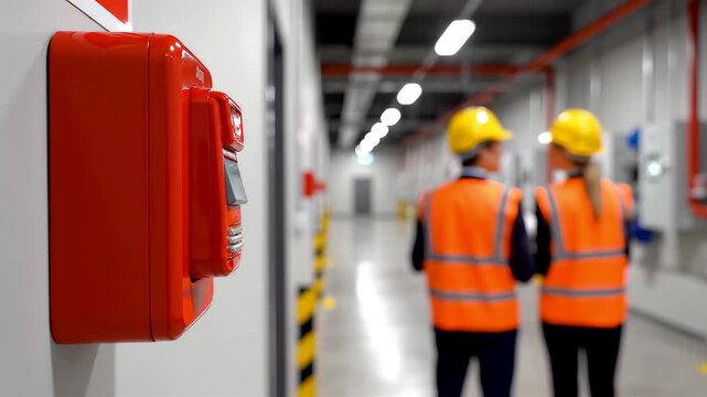 Emergency safety equipment mounted in an industrial facility with workers in protective gear inspecting operations inside a modern factory corridor