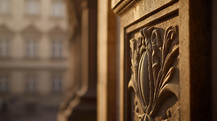 Architectural detail showcasing a carved floral design on a stone structure, highlighted by warm lighting that accentuates texture and depth, with a building blurred background.