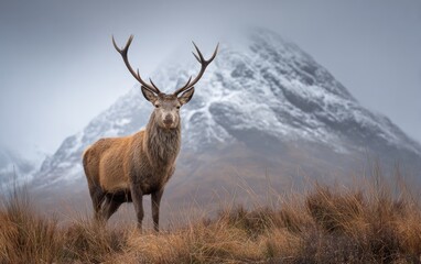 Fototapeta premium Majestic stag with antlers stands before a snow covered mountain landscape
