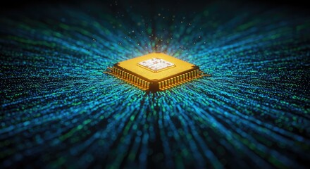 Close-up of a glowing golden computer processor with streams of digital data flowing outwards in a dramatic, cinematic style