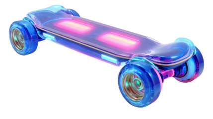 Futuristic transparent skateboard glowing with neon pink and blue light, modern technology sports equipment, cyberpunk vibe