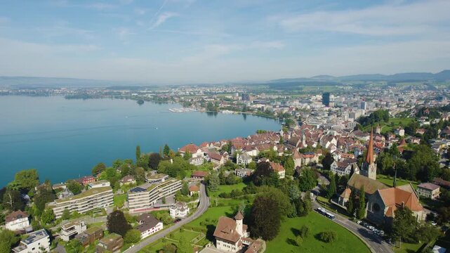 A panoramic Aerial view of the city Zug in Switzerland on a sunny noon in summer
