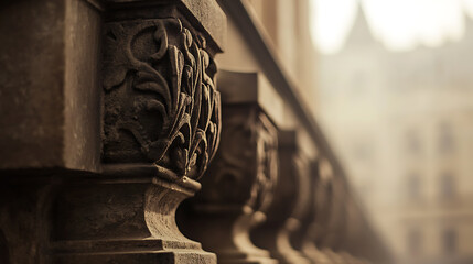 Captured in a soft, neutral palette, a row of intricately carved stone balusters leads the eye into a softly focused distance, hinting at the architectural beauty beyond.