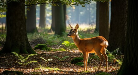 A young deer stands alert in a sunlit forest, surrounded by tall trees and dappled light on the forest floor