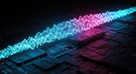 Dynamic digital waveforms in vibrant blue and pink illuminate a high-tech circuit board, symbolizing the intricate flow of data and advanced technological processing