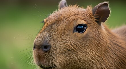 Close-up portrait of a capybara with soft green background, capturing the gentle and curious nature of this large rodent