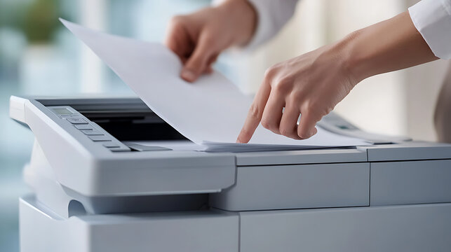 A person places paper into a gray office printer. Close up of someone working in an office printing documents for business. Office supply.