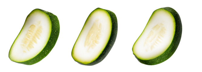 Fresh green cucumbers slices transparent background food photography studio environment