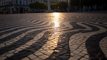 Stone waves pave a city square, reflecting sunlight in the late afternoon, as people wander. Captivating patterned stones create an optical illusion on the ground.