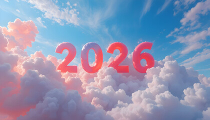 2026 New Year text in a red cloudy sky background