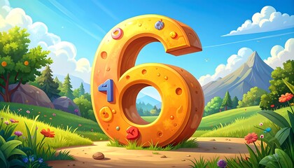 Cartoon Number Six with Nature Background and Flowers