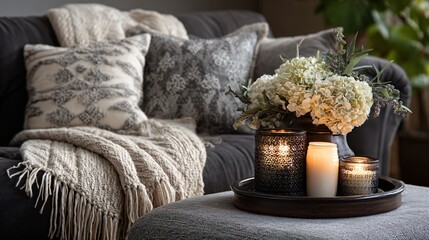 Cozy living room vignette with blanket and candle cluster