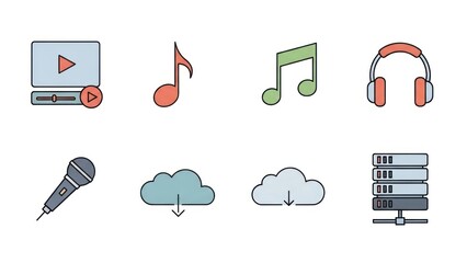 Collection of music and multimedia icons depicting audio video and data