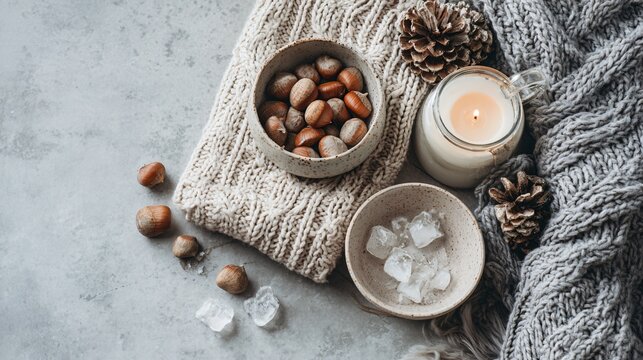 Hygge flat lay with minimal winter objects, generous copy space