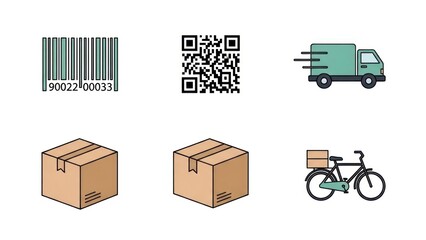 Delivery and logistics icons set barcode qr code truck boxes bicycle