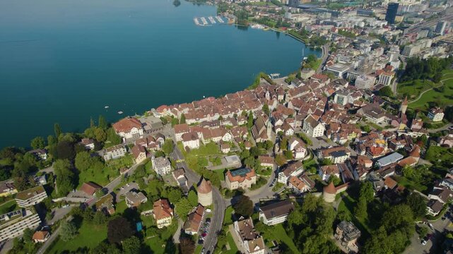 A panoramic Aerial view of the city Zug in Switzerland on a sunny noon in summer