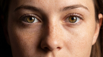 Extreme close-up portrait of a young woman with freckles and hazel eyes