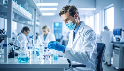 Scientist in Lab: Researching with Beakers, Test Tubes, and Mask