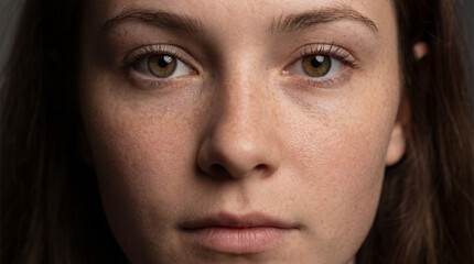 Extreme close-up portrait of a young woman with freckles and hazel eyes