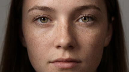 Extreme close-up portrait of a young woman with freckles and hazel eyes