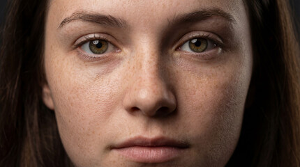 Extreme close-up portrait of a young woman with freckles and hazel eyes