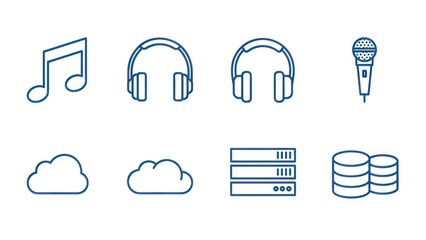 Icon set of music audio cloud computing and data storage elements