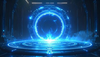 Futuristic Portal: Glowing Blue Circle in Dark Interior
