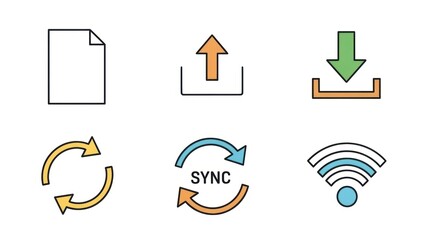 Set of colorful vector icons representing digital file uploads and downloads