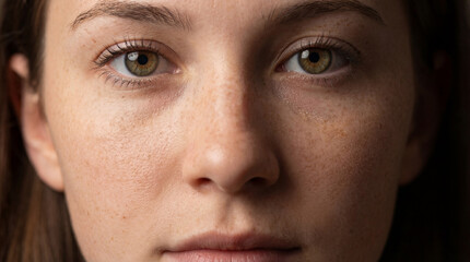 Extreme close-up portrait of a young woman with freckles and hazel eyes