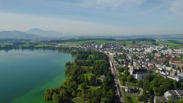 Aerial view around the city Cham in Switzerland on a sunny  day in summer