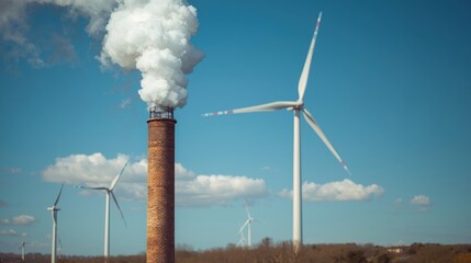 Juxtaposition of smoke stack polluting contrasted with wind turbines on blue sky landscape