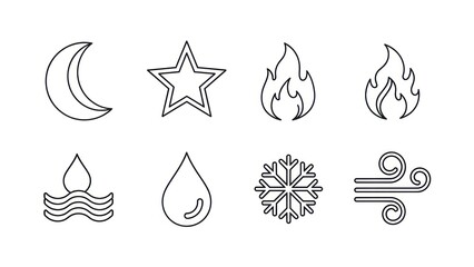 Outlined elements moon star fire water snowflake wind symbols for design