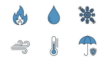 Weather icons fire water drop snowflake wind thermometer and umbrella