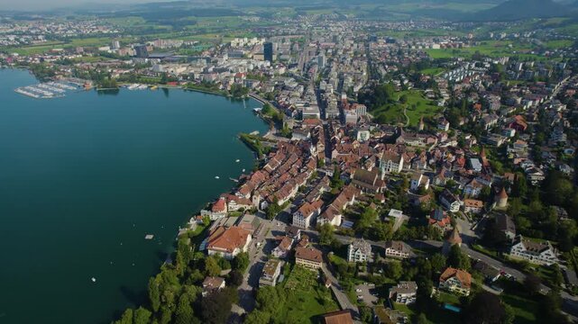 A panoramic Aerial view of the city Zug in Switzerland on a sunny noon in summer