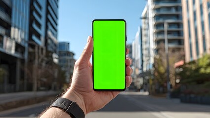 Man Holds Smartphone with Green Screen in City